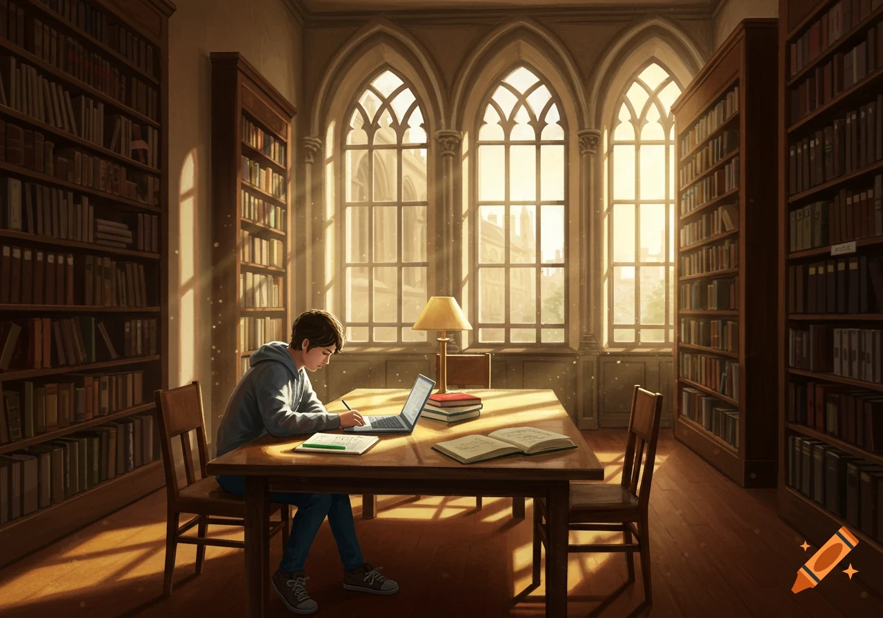 A college student sits at a large wooden table in a sunlit gothic library, writing in a notebook next to a laptop and open books.