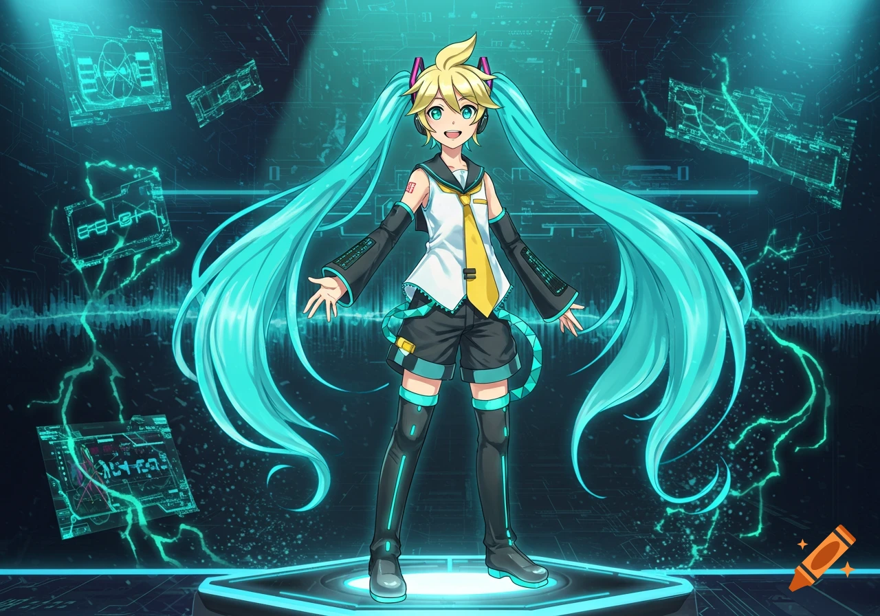 A vibrant anime character with blonde hair and long teal pigtails, wearing a white shirt, yellow tie, black shorts, and boots, stands on a glowing platform in a futuristic, digital setting.
