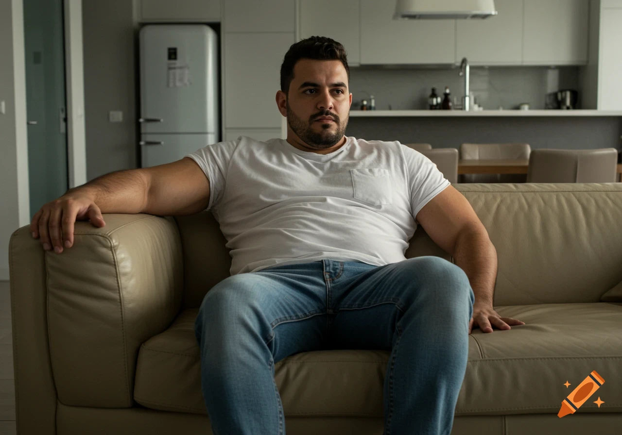 A muscular-chubby man in a white t-shirt and jeans lounges on a beige leather couch in a modern living room with a kitchen in the background.