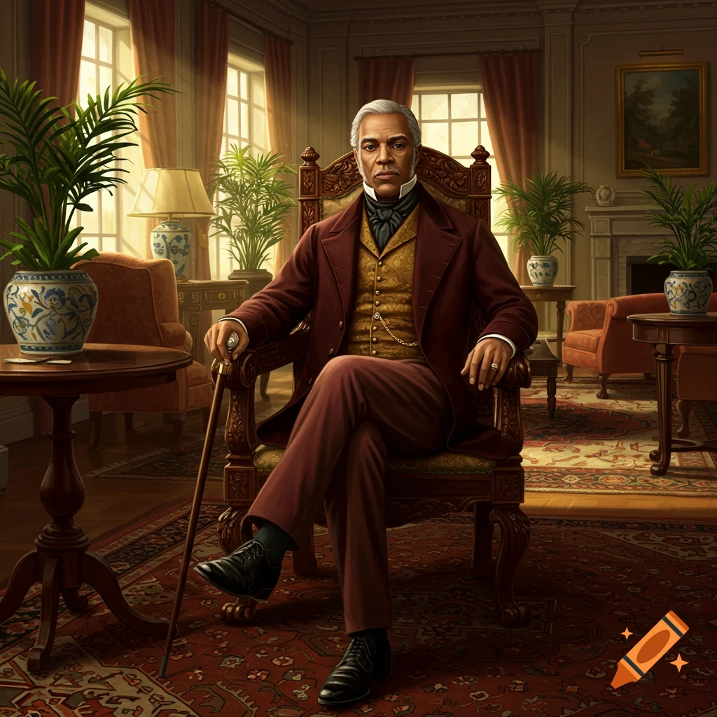 A distinguished man with white hair and a red suit sits in a grand, richly decorated room, holding a cane.