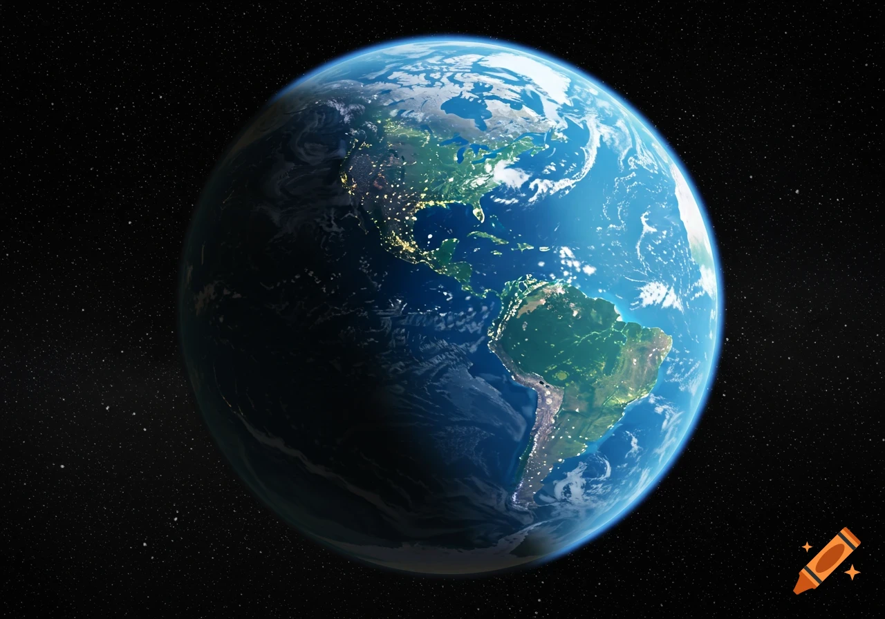 Photorealistic view of Earth from space, showing North and South America with city lights on the night side.