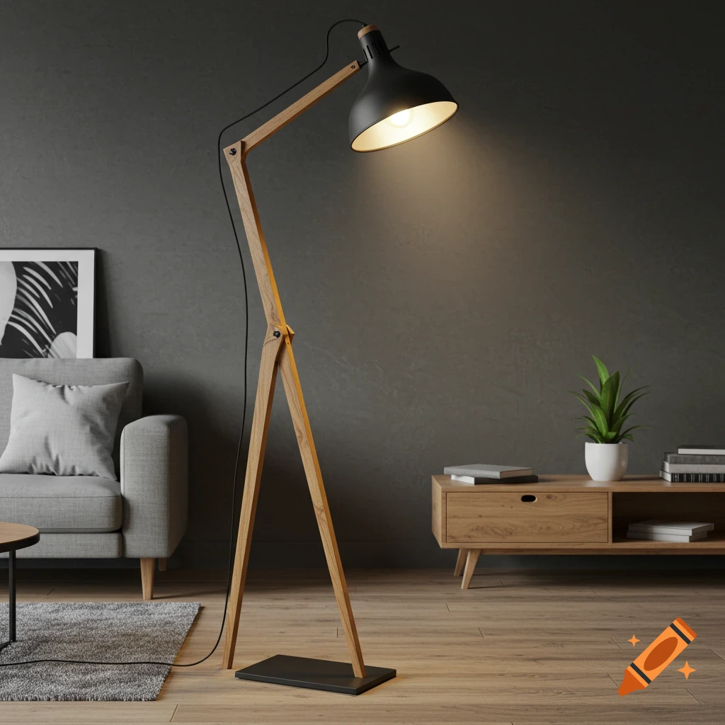 Modern wooden floor lamp with a black shade in a contemporary living room featuring a grey sofa and wooden cabinet.