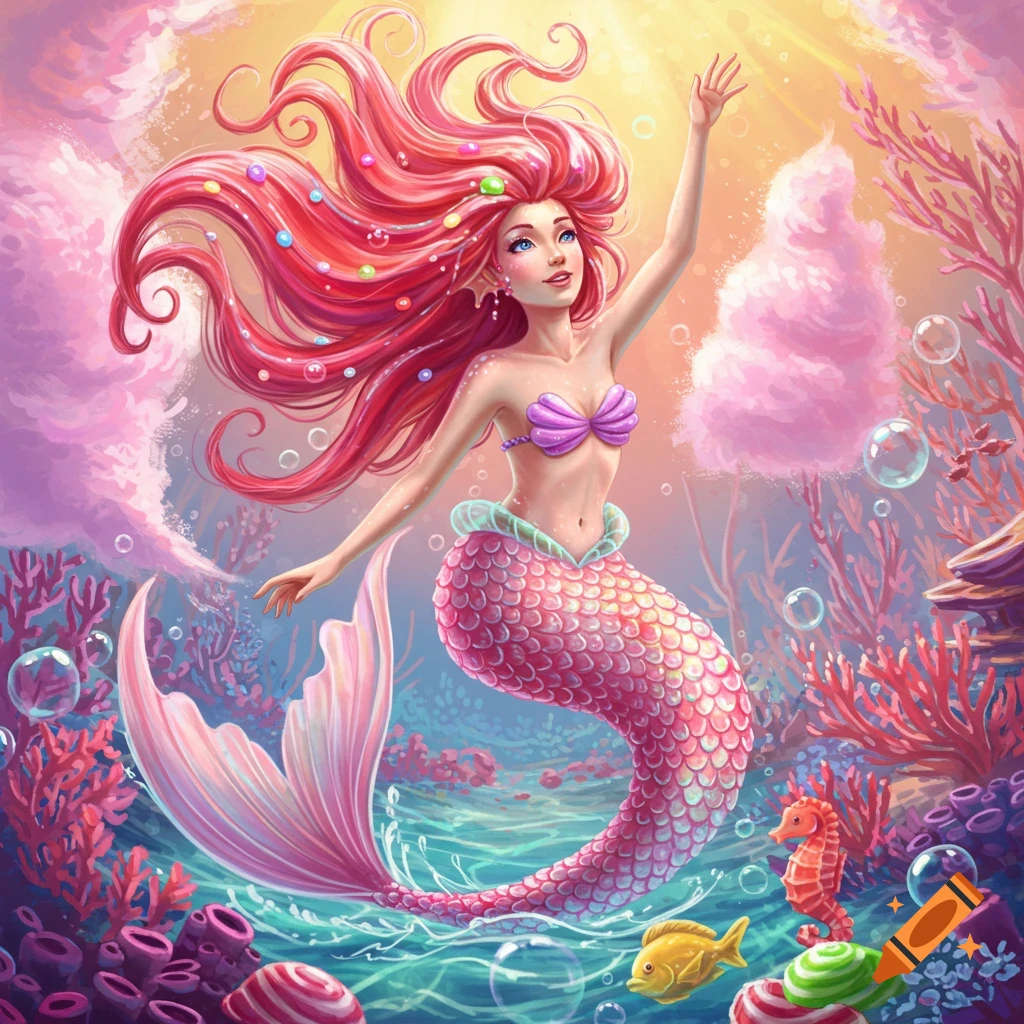 A vibrant, candy-themed mermaid with flowing pink hair and a shimmering pink tail swims in a coral reef with a seahorse and fish.
