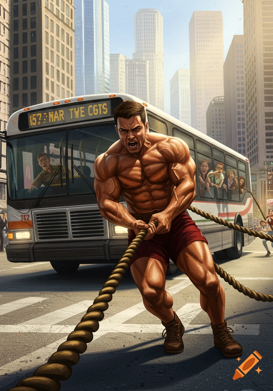 A muscular man strains to pull a bus with a rope down a city street ...