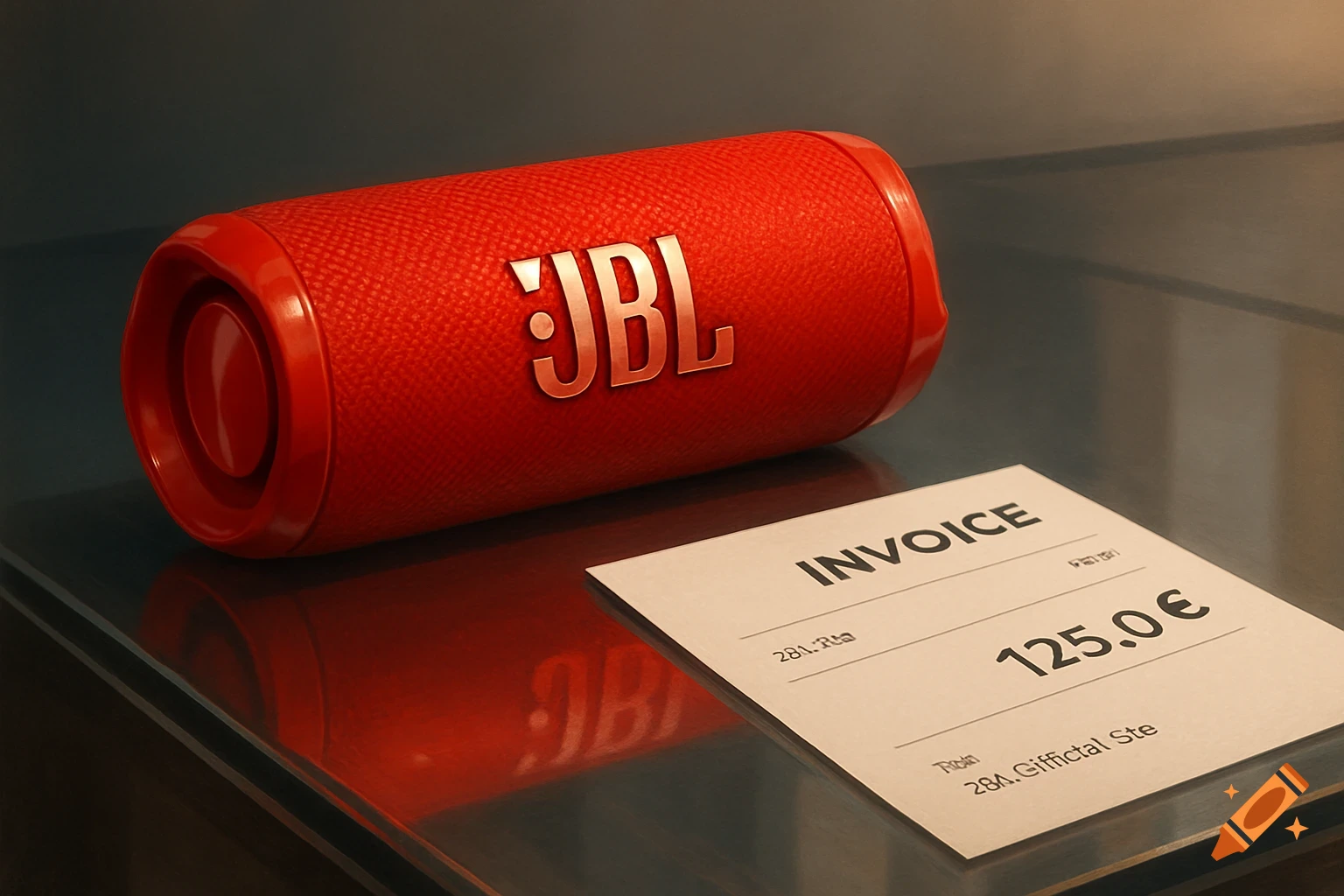 A red JBL Bluetooth speaker rests on a reflective surface next to a paper invoice displaying "INVOICE" and "125.0 A red JBL Bluetooth speaker rests on a reflective surface next to a paper invoice displaying "INVOICE" and "125.0 ".