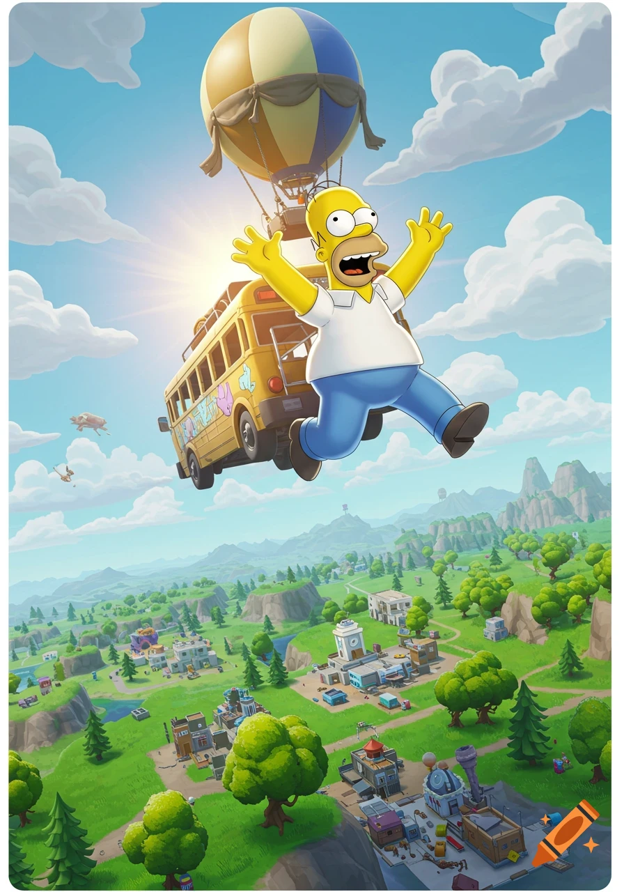Homer Simpson leaps from a battle bus high in the sky over a vibrant, cartoonish landscape filled with buildings and trees.