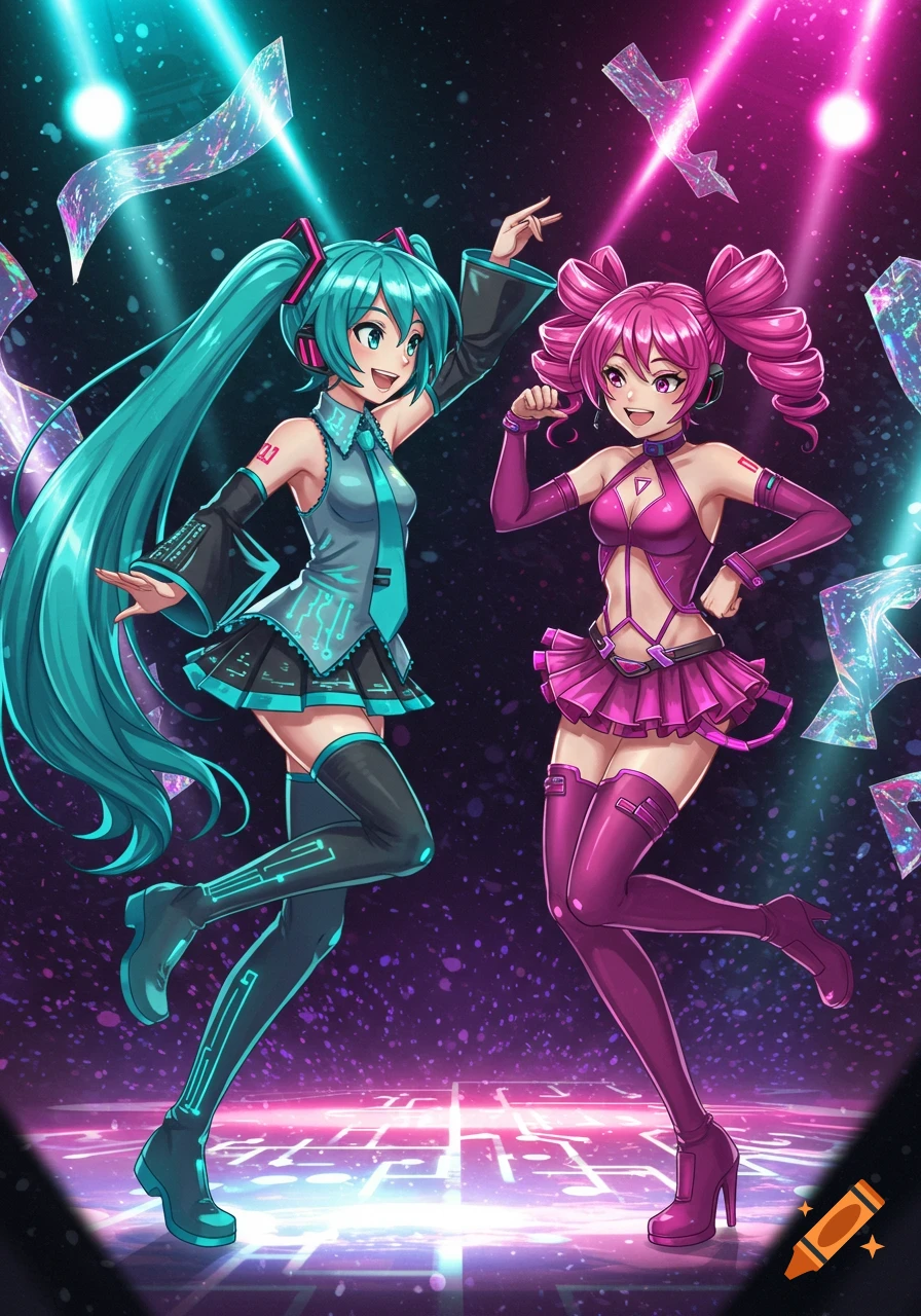 Hatsune Miku and a pink-haired anime girl in stage outfits dance under vibrant neon lights.