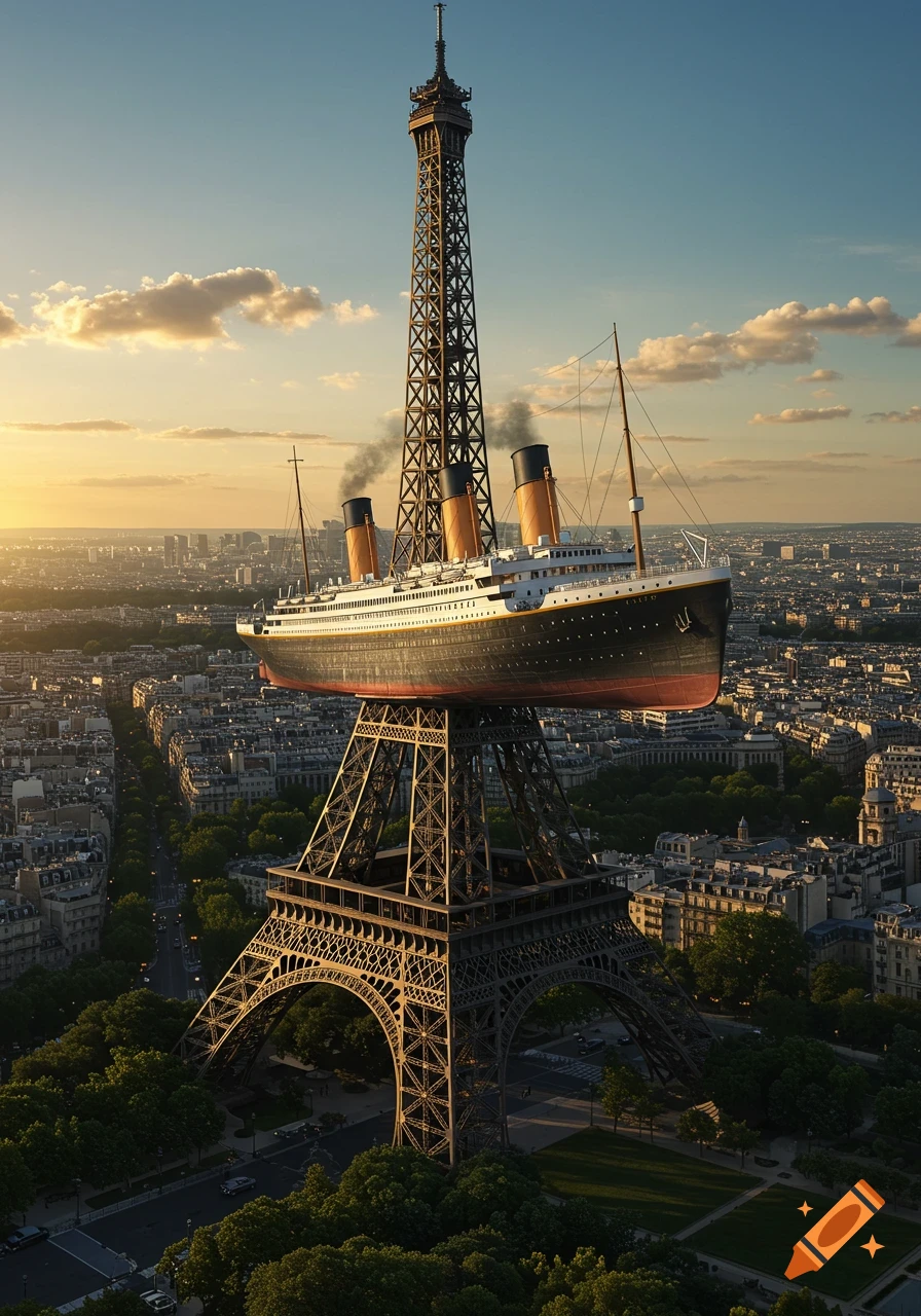 A massive Titanic ship is dramatically balanced on top of the Eiffel Tower, overlooking the Parisian cityscape at sunset.