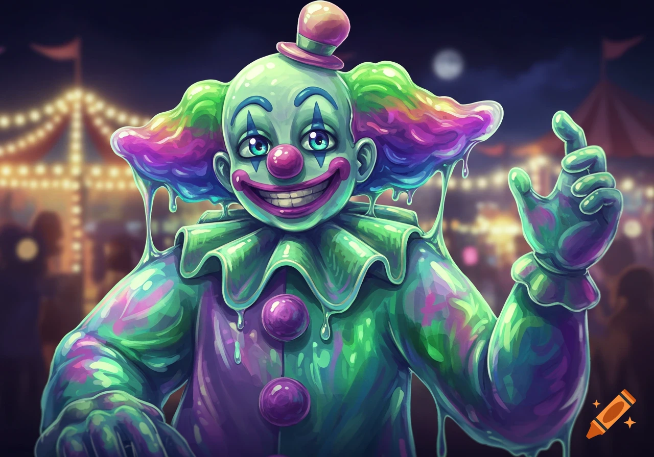 A colorful, smiling anime clown made of slime with rainbow hair and a pink hat, standing at a nighttime carnival.