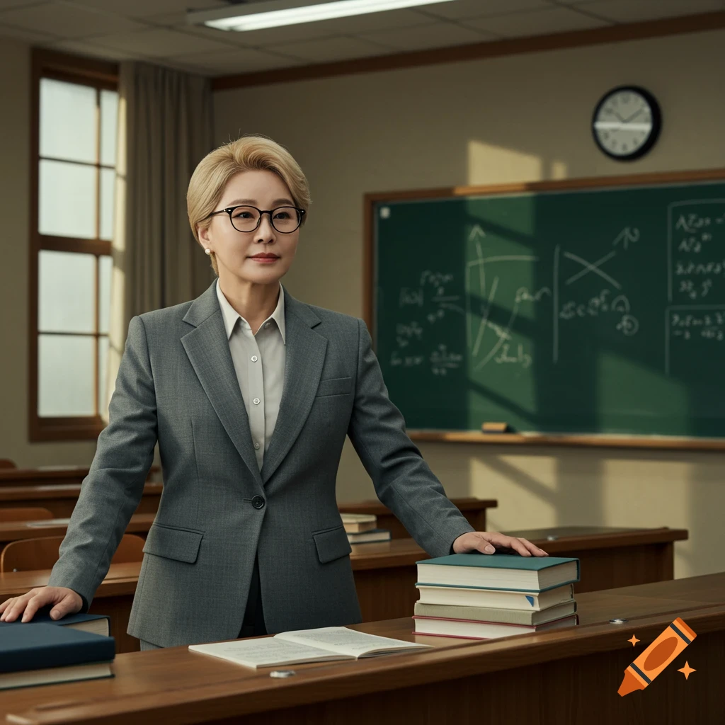 A middle-aged woman with blond hair and glasses, wearing a gray suit, stands in a classroom with a blackboard and desks.