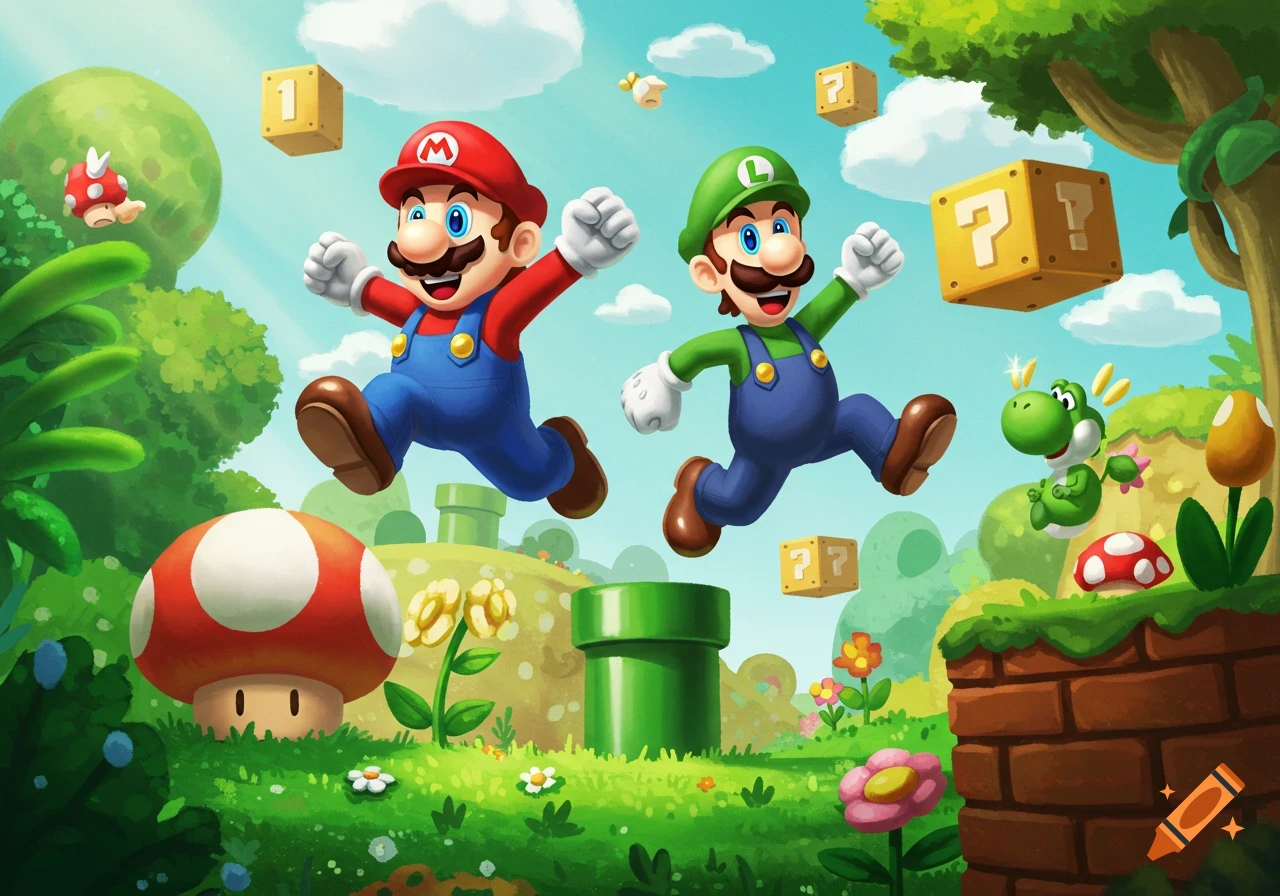Mario and Luigi jump happily through a vibrant, cartoonish Super Mario landscape with question blocks and pipes.