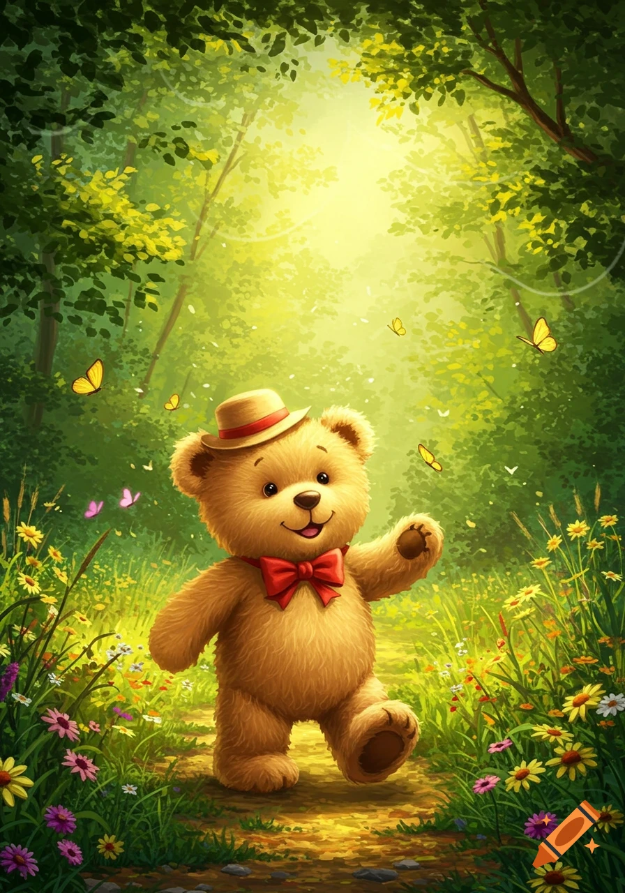 A happy teddy bear in a hat and red bow tie walks a sunlit forest path with wildflowers and butterflies, in a whimsical illustration.