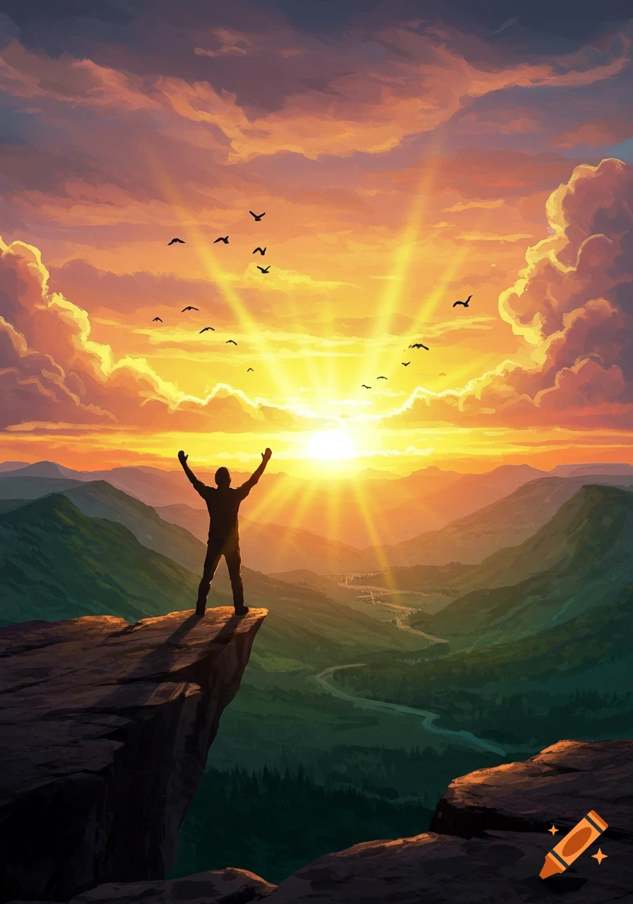 Silhouette of person with arms raised on a cliff overlooking a mountain sunset. Birds fly in the sky. Digital painting.