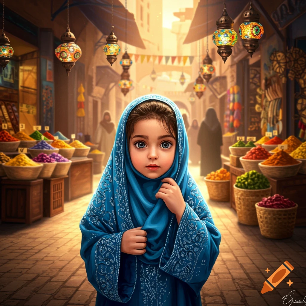 A young girl in a blue hijab with embroidered sleeves stands in a vibrant Middle Eastern market with colorful spices and lanterns.