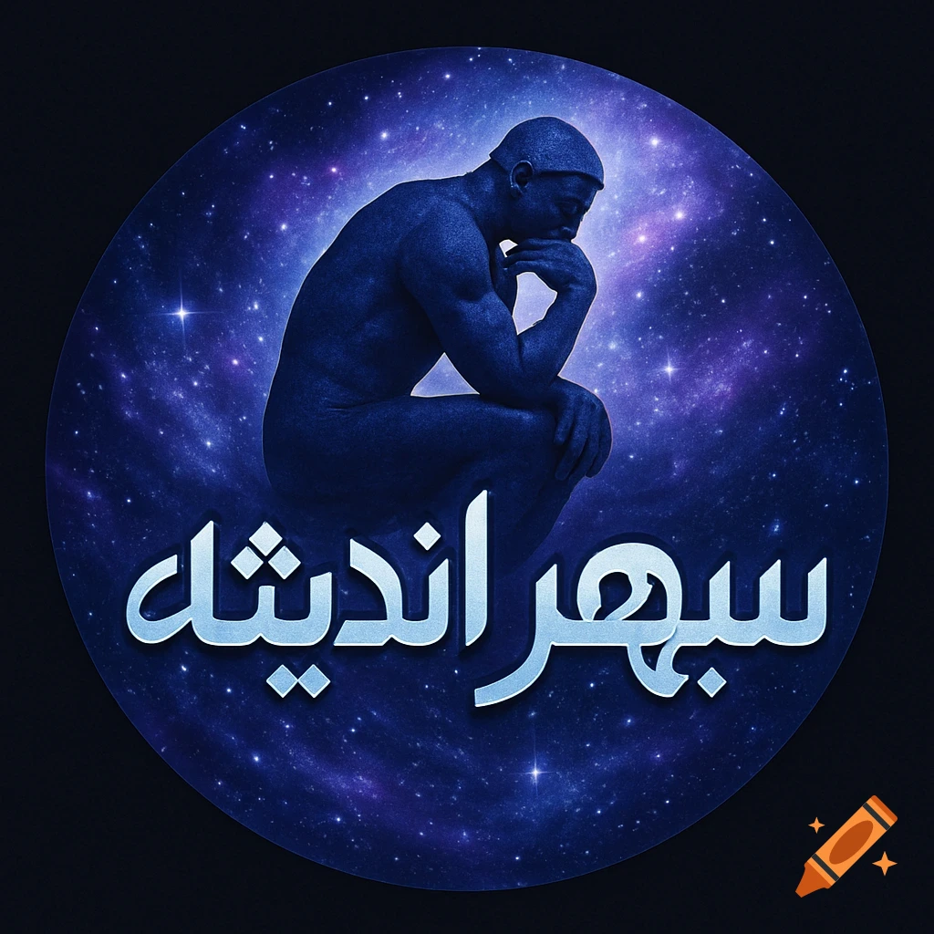 A blue, stylized figure like Rodin's 'The Thinker' in silhouette against a vibrant galaxy, with Persian text '' below.