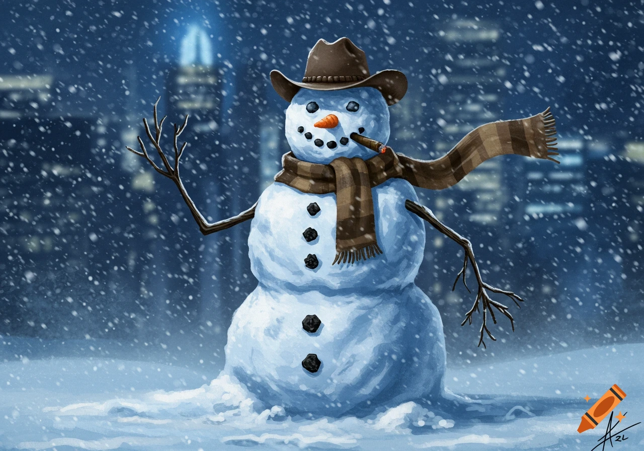 A snowman wearing a brown cowboy hat and striped scarf, smoking a cigar, stands in a snowy city at night. Digital illustration.