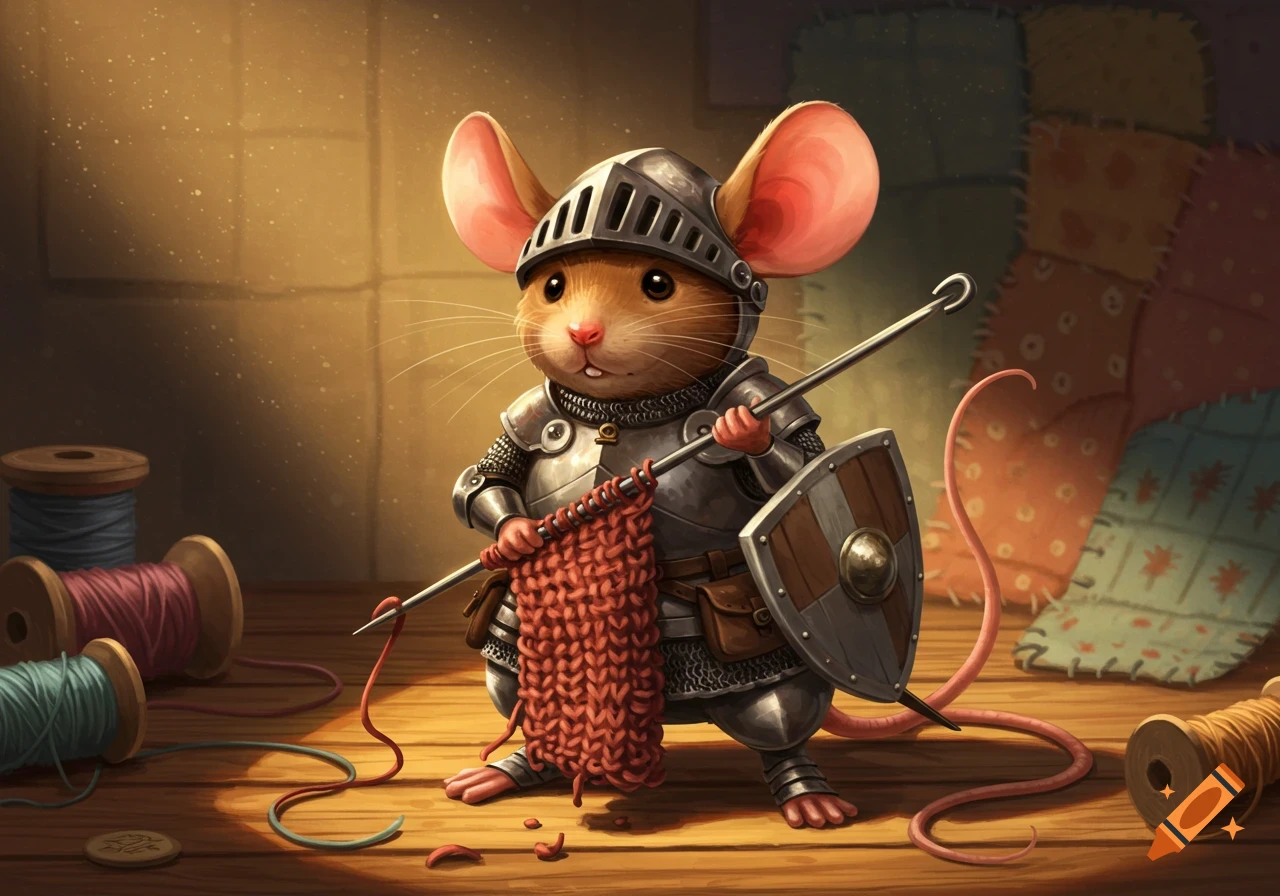 A cute mouse in knight armor holds a knitting needle with a red knitted piece and a shield, surrounded by yarn on a wooden floor.