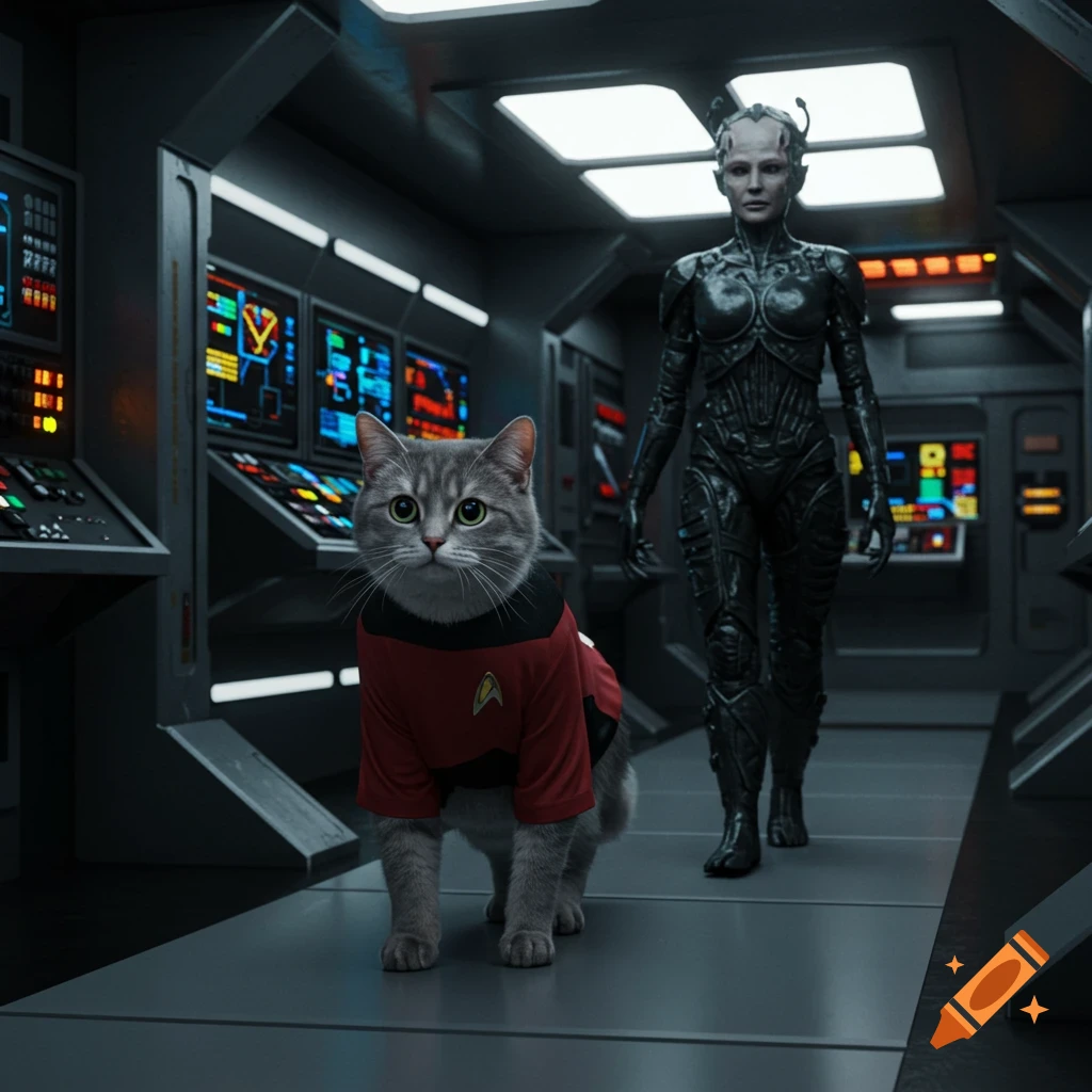 A photorealistic grey cat in a red Starfleet uniform walks in a spaceship corridor with the Borg Queen.