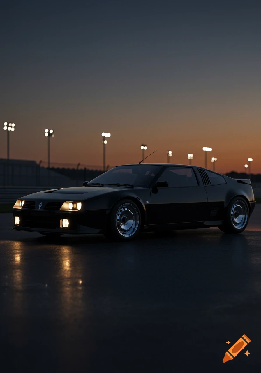 A black classic sports car with chrome wheels sits on a wet road at dusk under stadium lights.