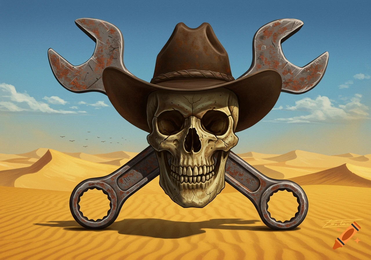 Stylized skull in a cowboy hat with crossed rusty wrenches in a desert.