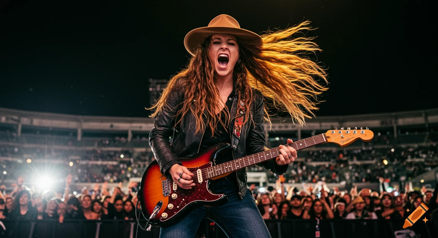 A woman with long, wavy brown hair, wearing a hat and leather jacket, screams while shredding a Fender Stratocaster guitar on stage at a night concert in a stadium.