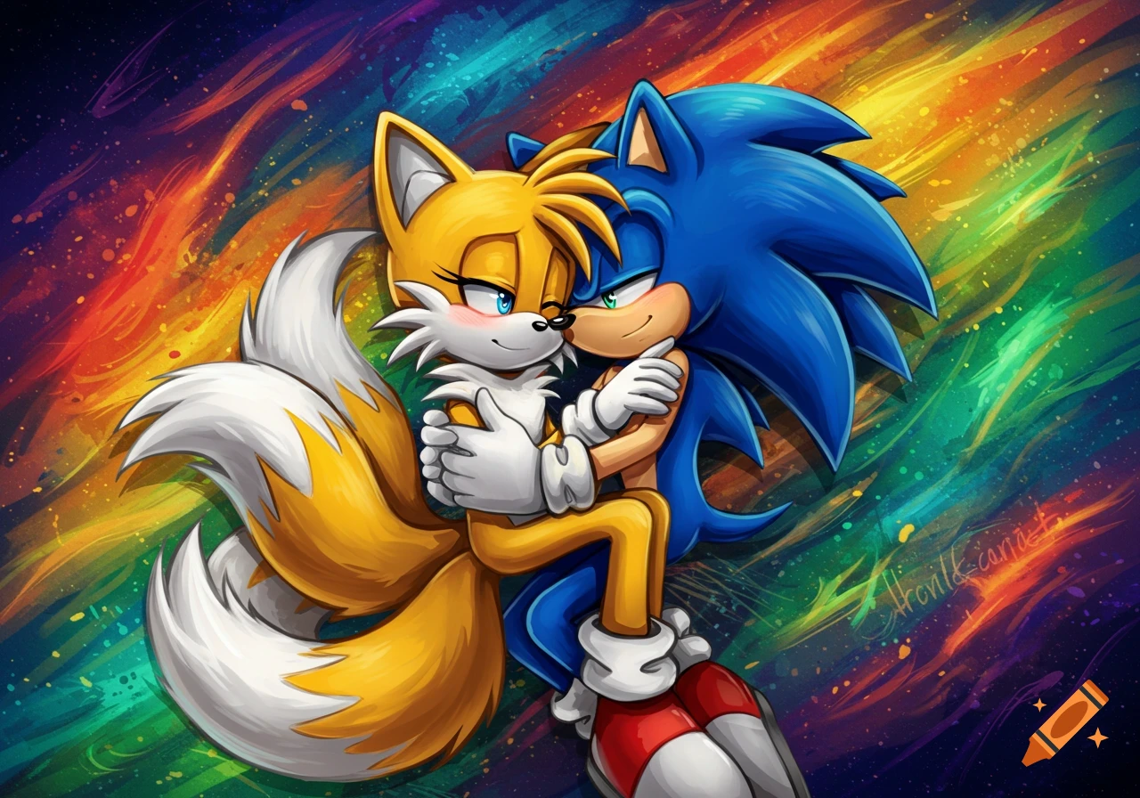 Female Sonic and Tails, depicted as adult anthropomorphic characters, embrace closely against a vibrant, rainbow-colored abstract background in a cartoon style.