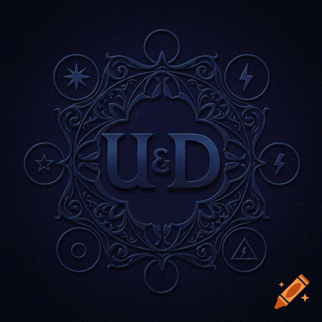 A dark blue circular ornamental crest with 'U&D' in the center, surrounded by intricate shadowy patterns and symbols including a star, circle, lightning, and triangle.