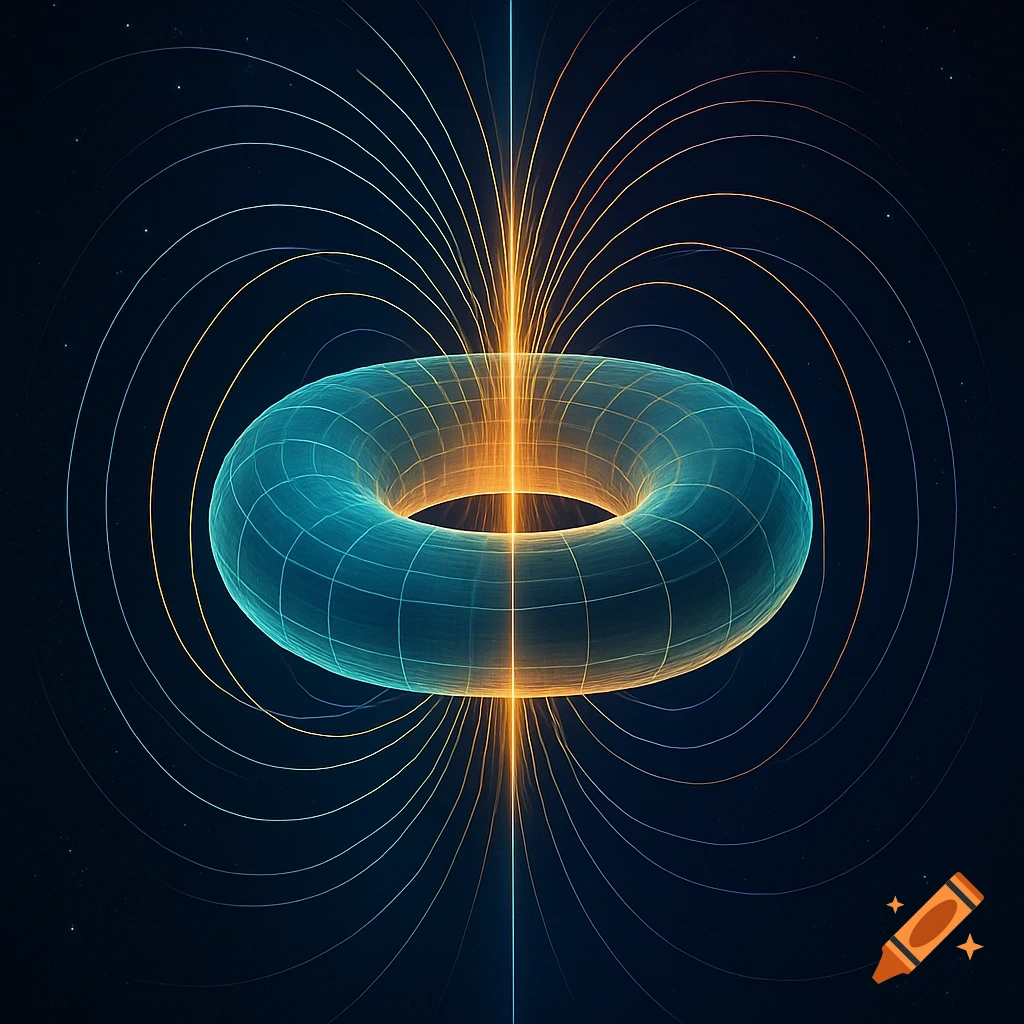 A glowing blue wireframe torus emits orange and blue arcing field lines against a dark, starry background.