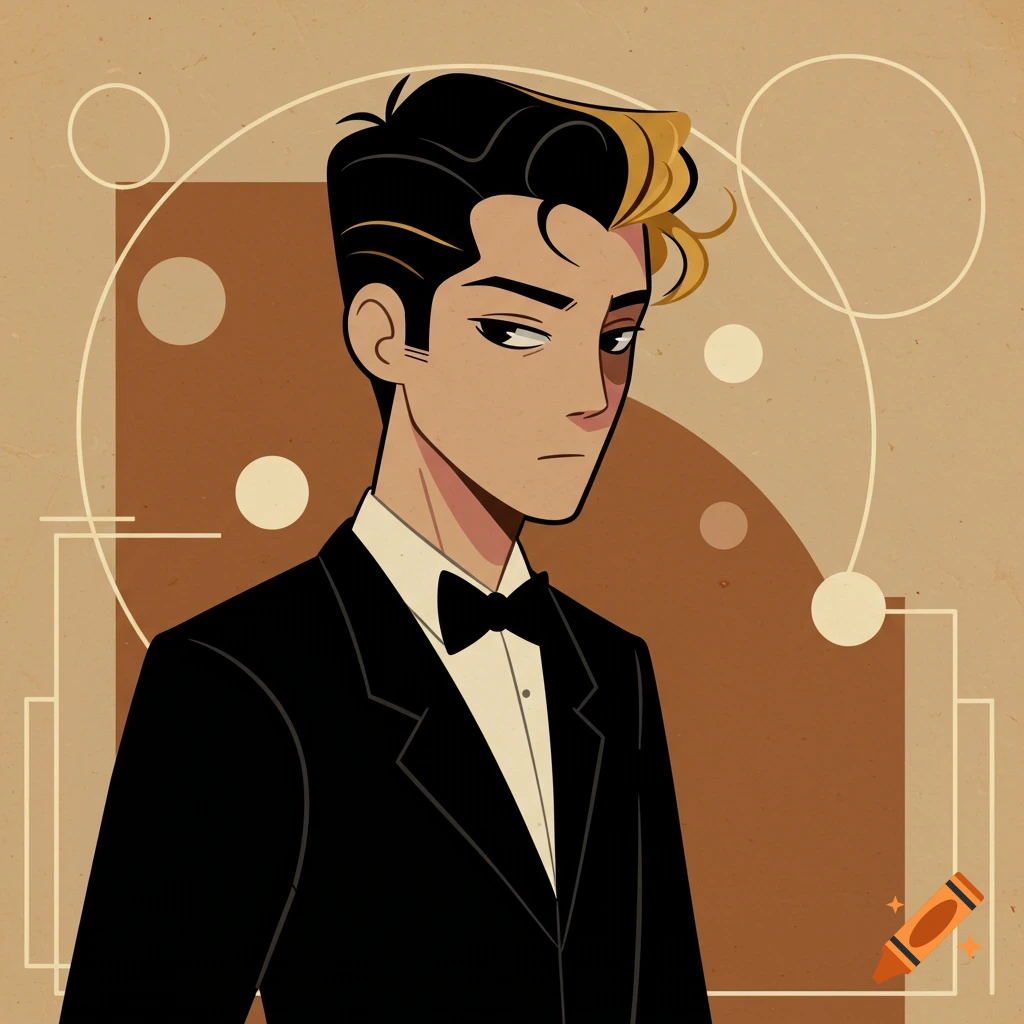 A stylized retro cartoon man with black and blonde hair in a tuxedo and bow tie, against a beige Art Deco background with geometric shapes.