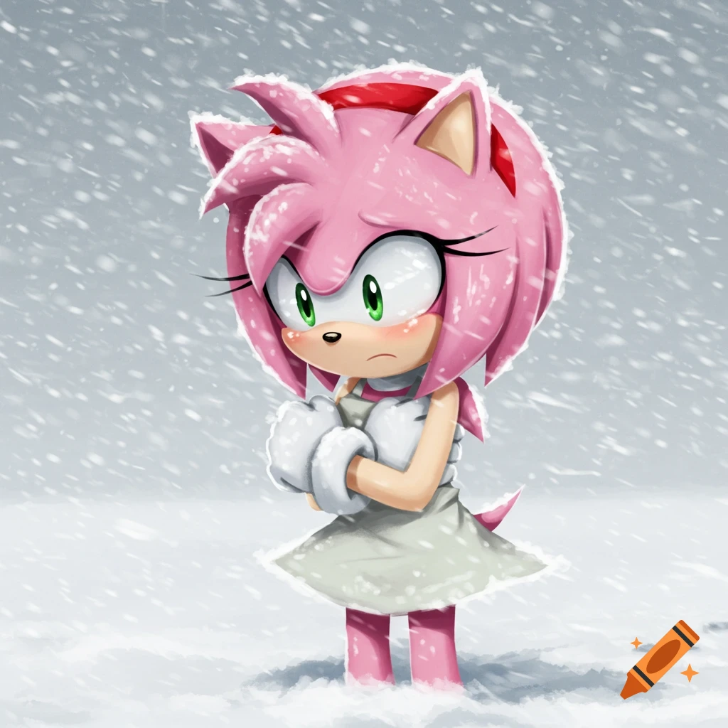 Anime-style Amy Rose from Sonic the Hedgehog shivering and hugging ...