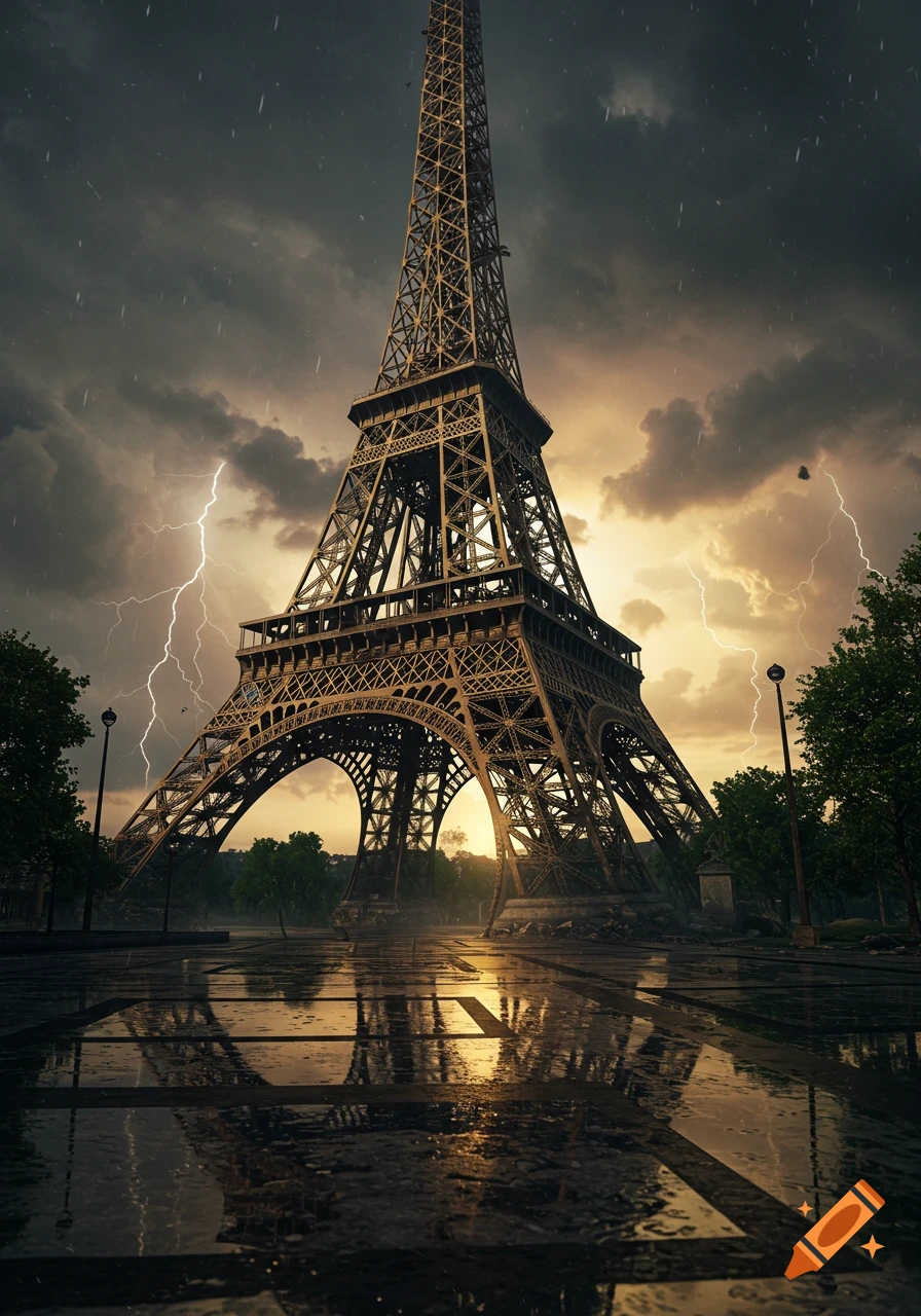 The Eiffel Tower stands tall under a dramatic stormy sky with lightning, reflecting on a wet street in a photorealistic style.