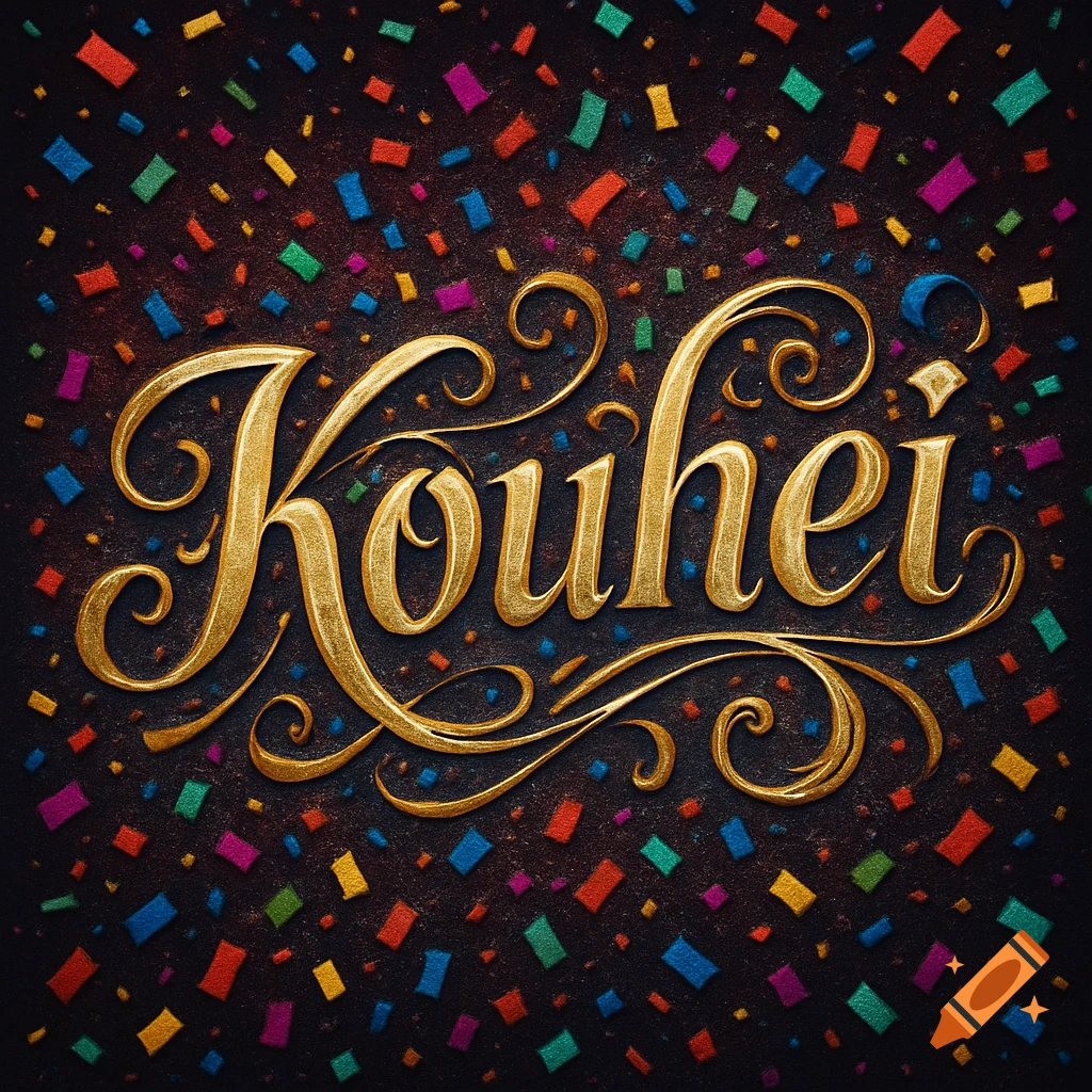 Ornate golden 'Kouhei' text with swirls on a dark background covered in colorful confetti.