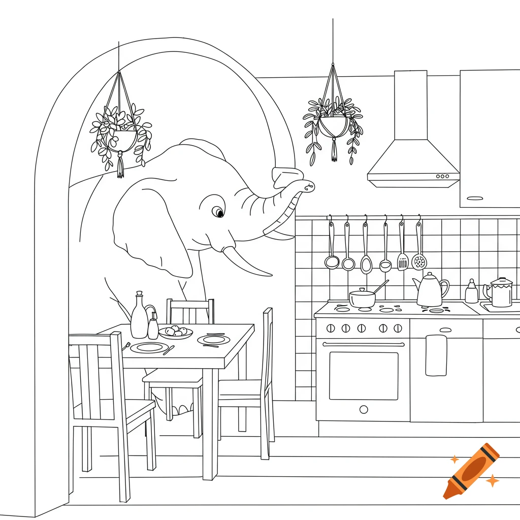 Basic line drawing of an elephant peering into a kitchen with a dining table and stove.