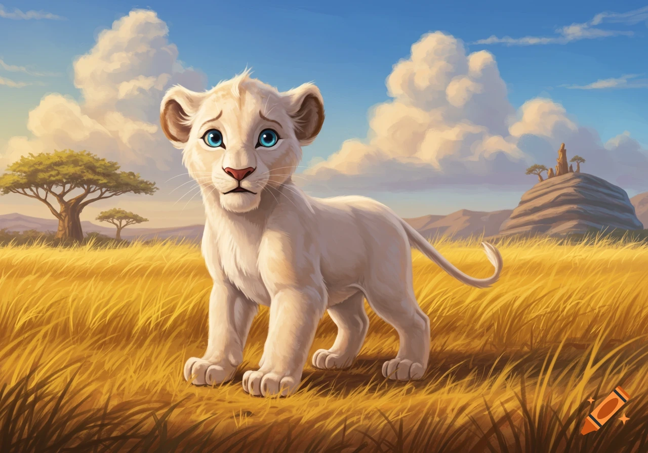 A cute white lion cub with blue eyes stands in a sunny savanna field with an acacia tree and mountains in the background, digital painting style.
