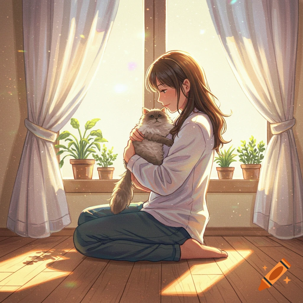 Anime-style illustration of a woman holding a fluffy cat by a sunlit window with potted plants.