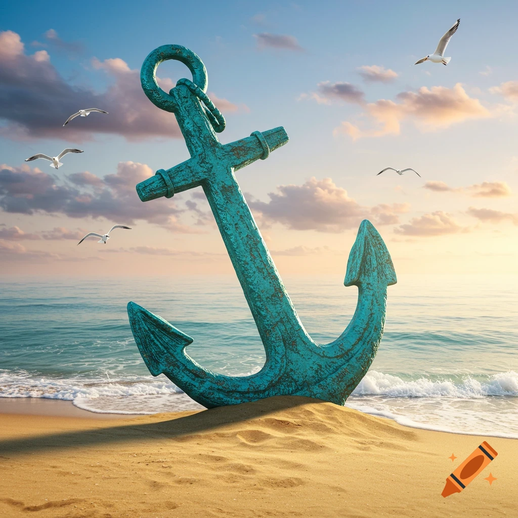 A large teal anchor stands upright on a sandy beach next to gentle ocean waves under a partly cloudy sunset sky with seagulls flying.