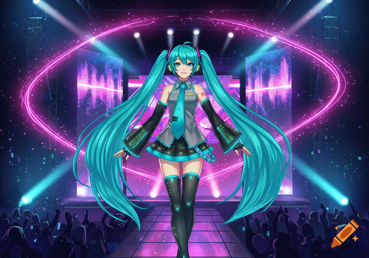 Hatsune Miku performs on a vibrant stage under pink and blue neon lights before a cheering crowd.