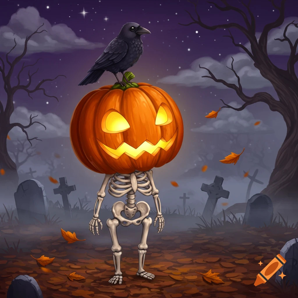 A stylized illustration of a skeleton with a glowing jack-o'-lantern head and a crow perched on top, standing in a spooky graveyard at night.