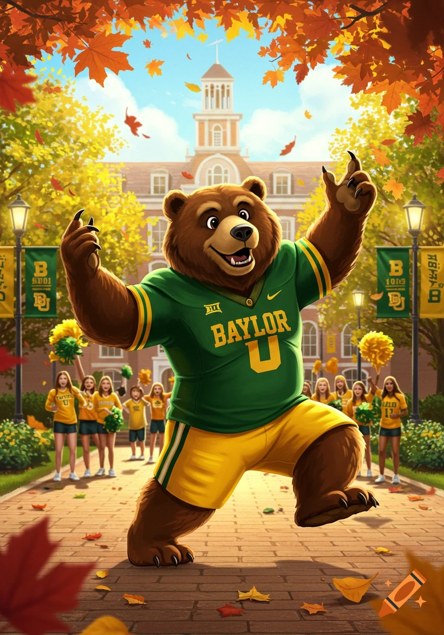 A cartoon Baylor University bear mascot in a green jersey and yellow shorts, with cheerleaders and a university building in the autumn background.