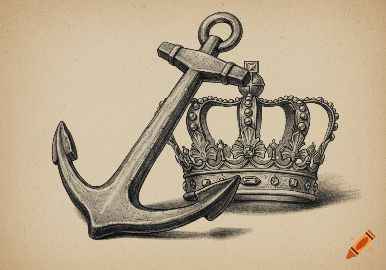 A pencil sketch of an anchor with an ornate crown leaning against it on a textured paper background.