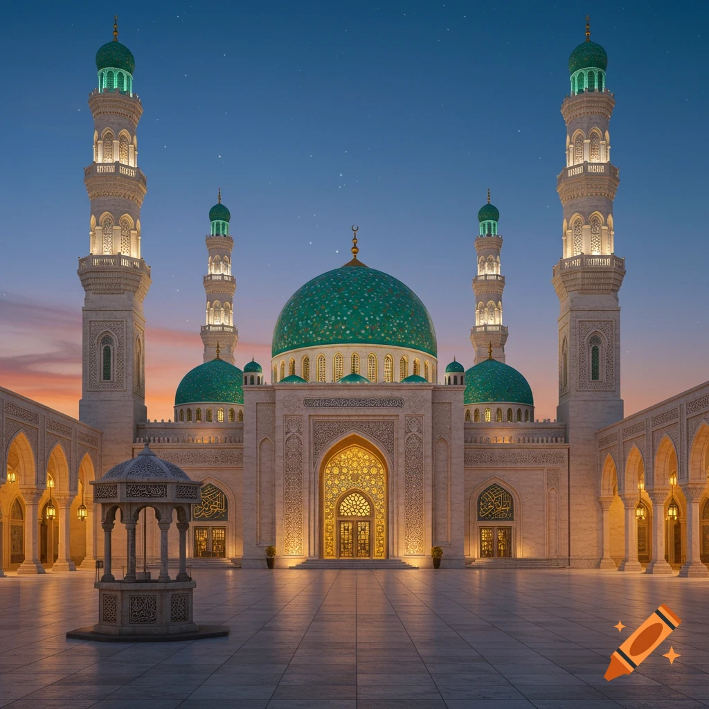 A majestic mosque with a large green dome and tall minarets at dusk, featuring intricate architecture and a well in the courtyard.