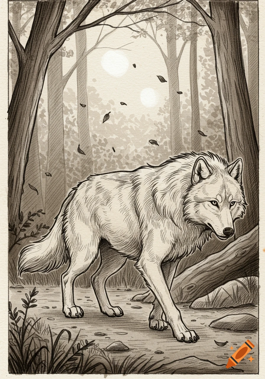 A grayscale illustration of a white wolf walking through a forest, with trees, falling leaves, and two moons.