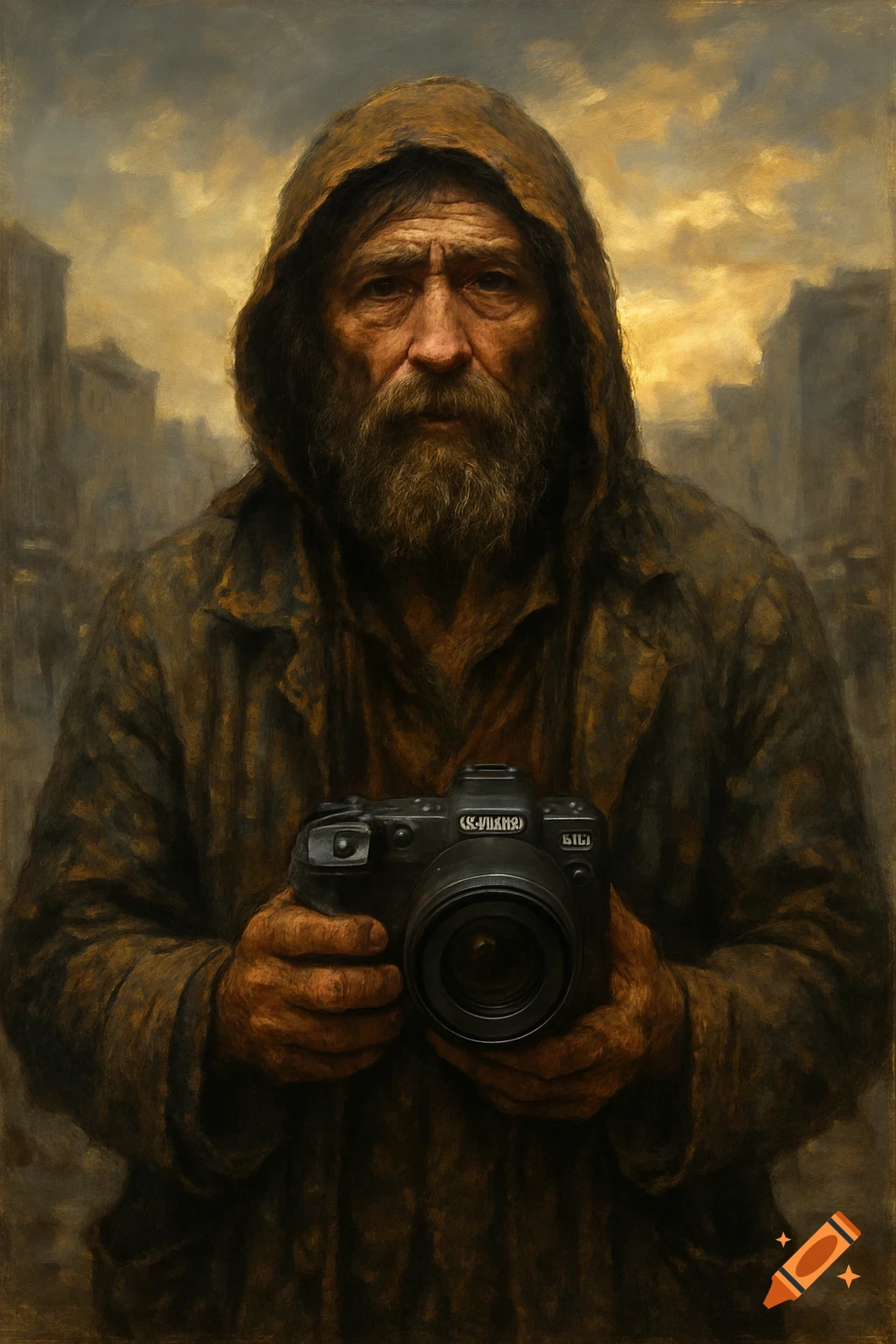 A gritty, painterly portrait of a hooded, bearded old man holding a black camera, with a cloudy, hazy background.
