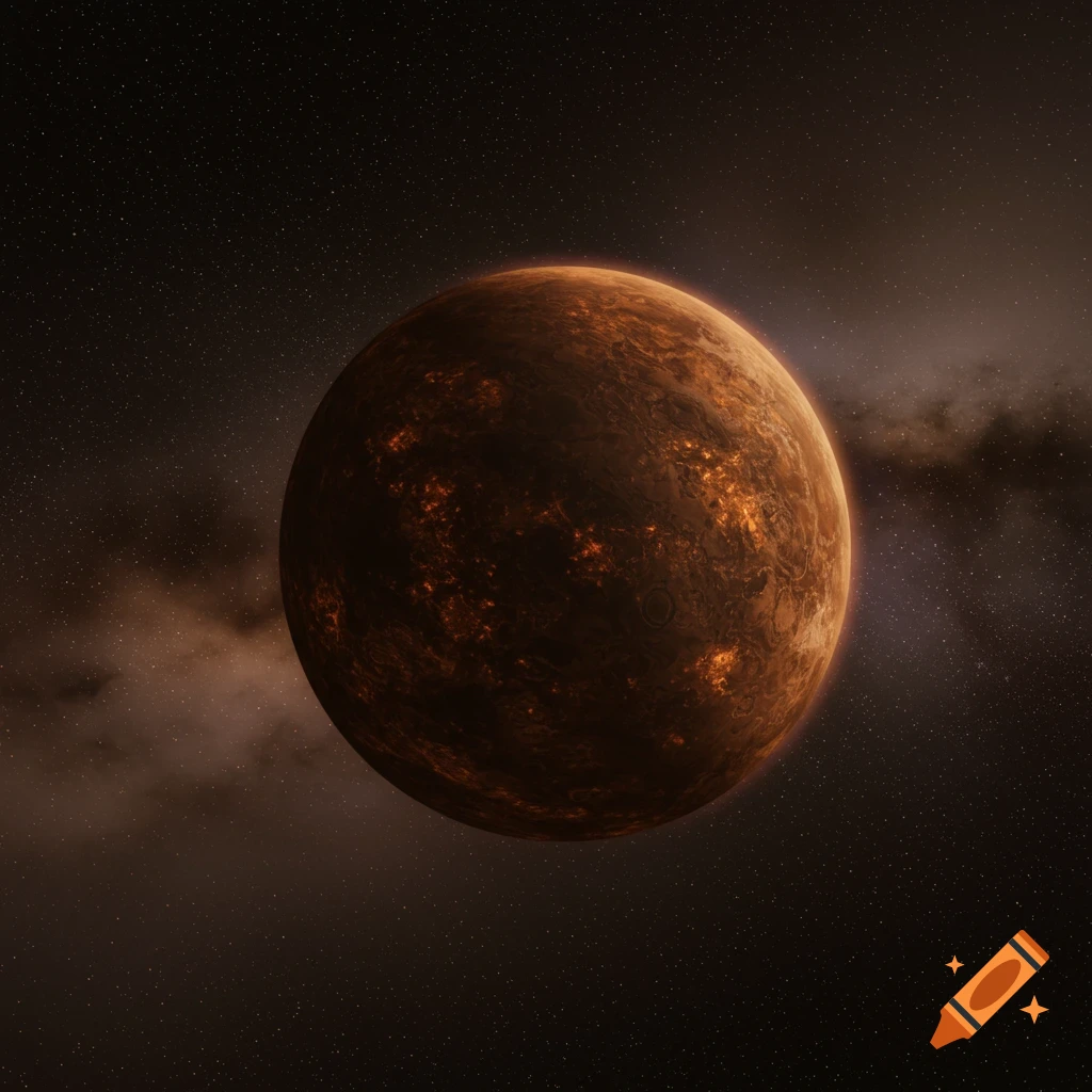 A realistic render of a brown dwarf, a dark, textured celestial body with glowing spots against a starry space background.
