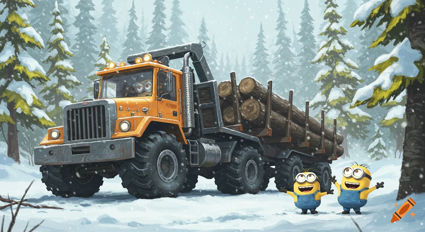 A yellow logging truck with logs in a snowy forest. One Minion drives while two other Minions wave excitedly in the snow.