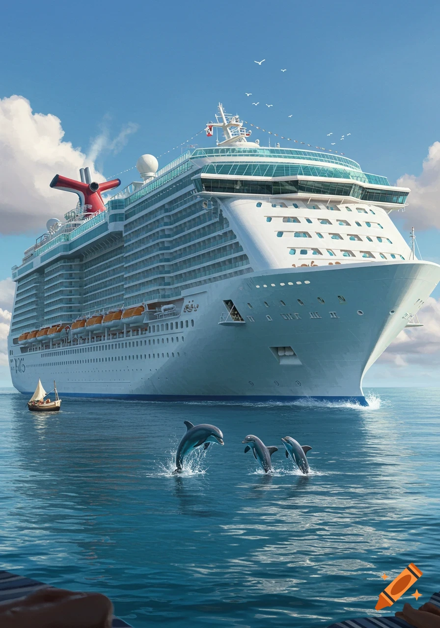 A massive white cruise ship sails on a calm blue ocean with three dolphins leaping from the water. A small sailboat is to the ship's left.