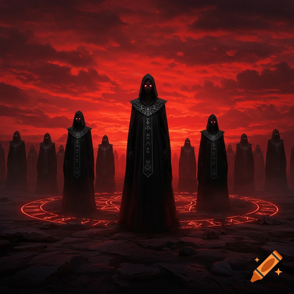 Dark robed figures with glowing red eyes stand in a glowing magic circle under a fiery red sky, dark fantasy art.