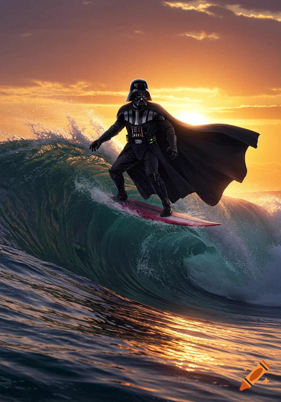 Darth Vader surfs a large ocean wave at sunset, dark water reflecting the orange sky.