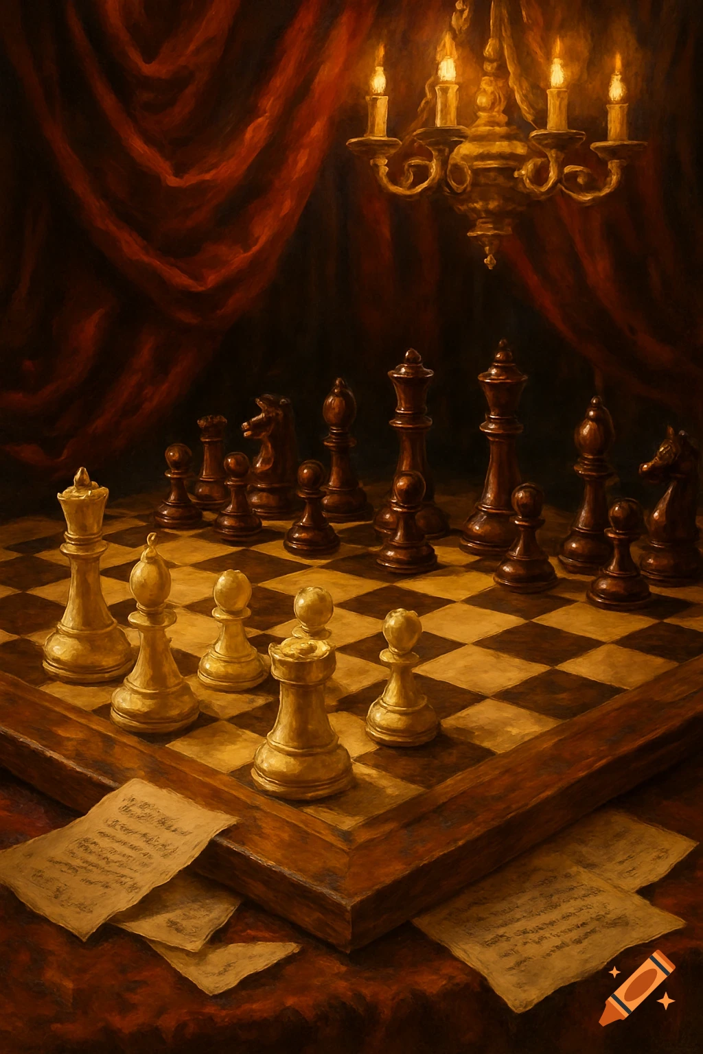 A painterly image of a chess game in progress, with white and dark pieces on a wooden board, under a chandelier and red drapery.