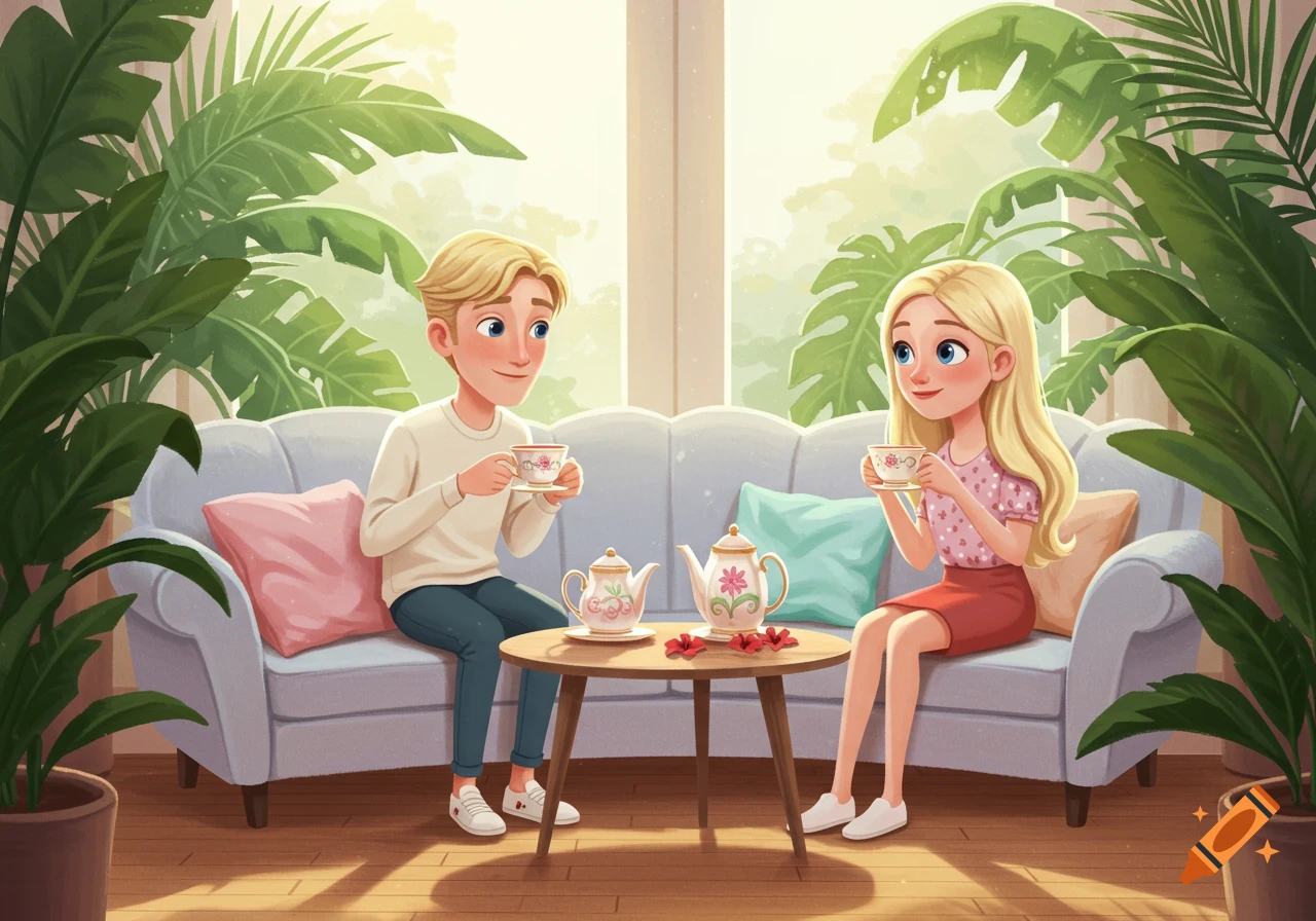 A blonde man and woman in Pixar style sit on a sofa, drinking tea surrounded by large green plants.